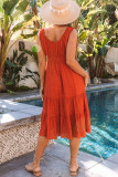 Brown U-Neck Sleeveless Ruched Tiered Ruffled Midi Dress