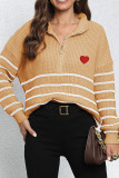 Zipper Down Striped Heart Embroidery Pullover Sweater