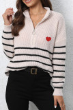 Zipper Down Striped Heart Embroidery Pullover Sweater