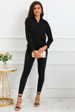 Black Solid Wrap V Neck Long Sleeve Top