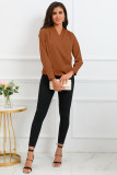 Brown Solid Wrap V Neck Long Sleeve Top
