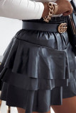High Waist Leather Ruffle Hem Short Skirt Dress