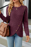 Plain Rib Buttoned Tulip Hem Long Sleeves Top