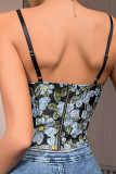 Blue Embroidery Floral Shaper Crop Top
