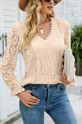 Lace Flower Jacquard V Neck Top