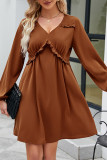 Puff Sleeves Plain Ruffle Dress