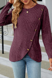Plain Rib Buttoned Tulip Hem Long Sleeves Top
