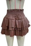 High Waist Leather Ruffle Hem Short Skirt Dress