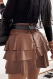 High Waist Leather Ruffle Hem Short Skirt Dress