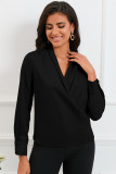 Black Solid Wrap V Neck Long Sleeve Top