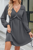Puff Sleeves Plain Ruffle Dress