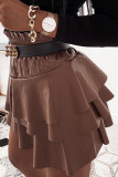 High Waist Leather Ruffle Hem Short Skirt Dress