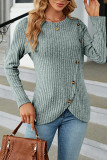 Plain Rib Buttoned Tulip Hem Long Sleeves Top