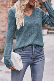 Plain V Neck Rib Long Sleeves Top
