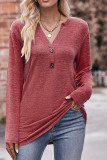 Plain V Neck Buttoned Long Sleeves Top