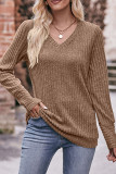 Plain V Neck Rib Long Sleeves Top
