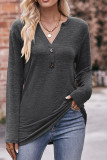 Plain V Neck Buttoned Long Sleeves Top