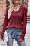 Plain V Neck Rib Long Sleeves Top