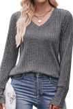 Plain V Neck Rib Long Sleeves Top