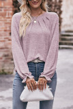 Plain Gathering Screw Neck Long Sleeves Top