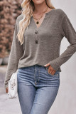 Plain V Neck Buttoned Long Sleeves Top