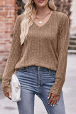 Plain V Neck Rib Long Sleeves Top