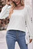 Plain Eyelet Pattern Square Neck Puff Long Sleeves Top