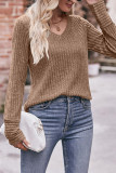Plain V Neck Rib Long Sleeves Top