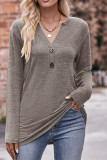 Plain V Neck Buttoned Long Sleeves Top