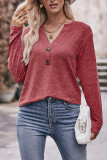 Plain V Neck Buttoned Long Sleeves Top