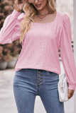 Plain Eyelet Pattern Square Neck Puff Long Sleeves Top