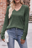 Plain V Neck Rib Long Sleeves Top