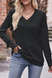 Plain V Neck Rib Long Sleeves Top
