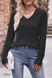 Plain V Neck Rib Long Sleeves Top