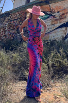 Tie Dye Sleeveless V Neck Long Dress