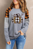 Orange Pumpkin Graphic Plaid Striped Long Sleeve Top