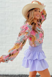 Pink Floral Print Tiered Ruffled Long Sleeve Blouse