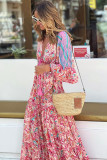 Red Boho Floral Paisley Print Tassel Tie V Neck Maxi Dress