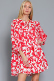 Red Floral Print Puff Sleeve Split Neck Babydoll Mini Dress