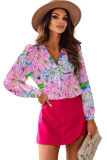 Pink Floral Print Buttoned V Neck Shirt