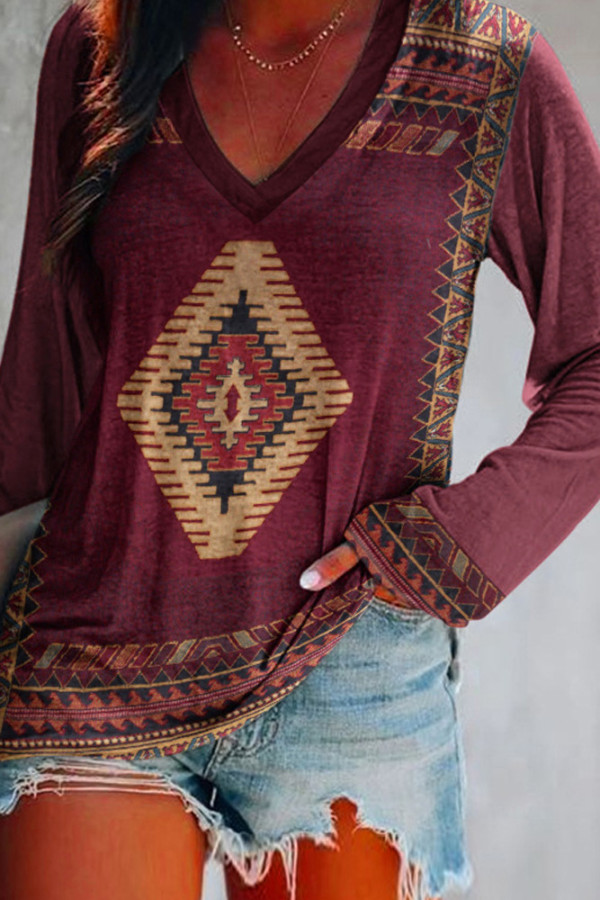 Ethnic Azetec Print V Neck Top