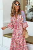 Red Boho Floral Paisley Print Tassel Tie V Neck Maxi Dress