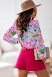 Pink Floral Print Buttoned V Neck Shirt