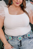 White Ribbed Knit Tulle Ruffle Sleeve Plus Size Bodysuit
