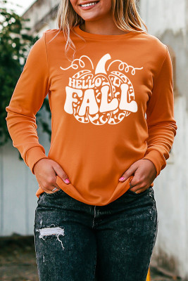 Orange HELLO FALL Pumpkin Graphic Print Long Sleeve Top
