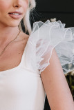 White Ribbed Knit Tulle Ruffle Sleeve Plus Size Bodysuit