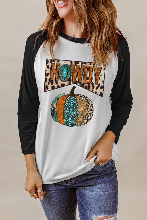 Black HOWDY Turquoise Pumpkin Print Raglan Sleeve T Shirt