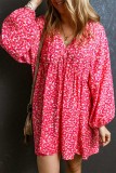 Rose Floral Print Empire Waist Bubble Sleeve Dress