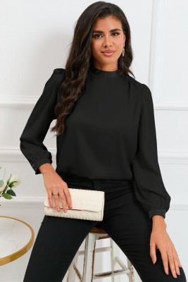 Black Color Block Bow Back Mock Neck Blouse