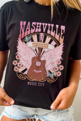 Black NASHVILLE Music City Graphic Print Short Sleeve Tee